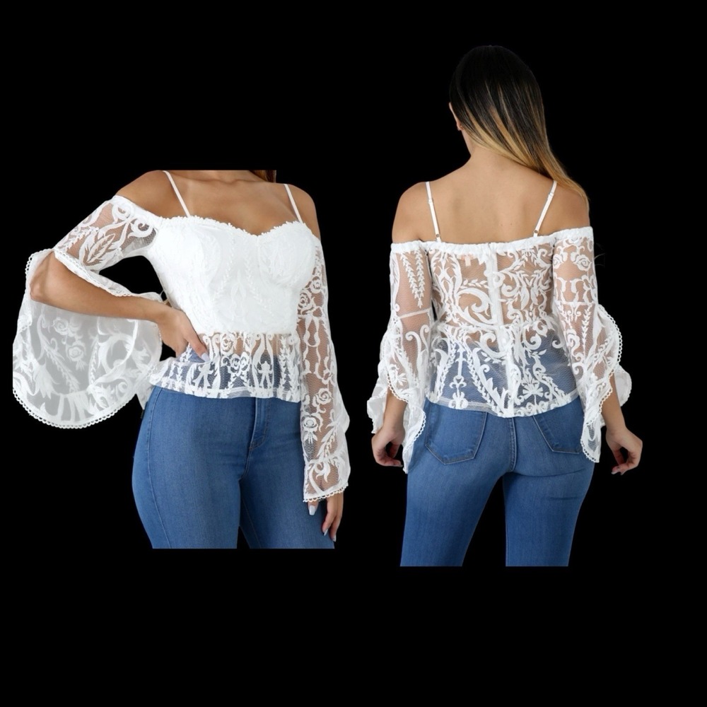 Fashion Nova Victorian Lace Cropped Blouse Sheer Top‎ Bell Sleeves Peplum Size M